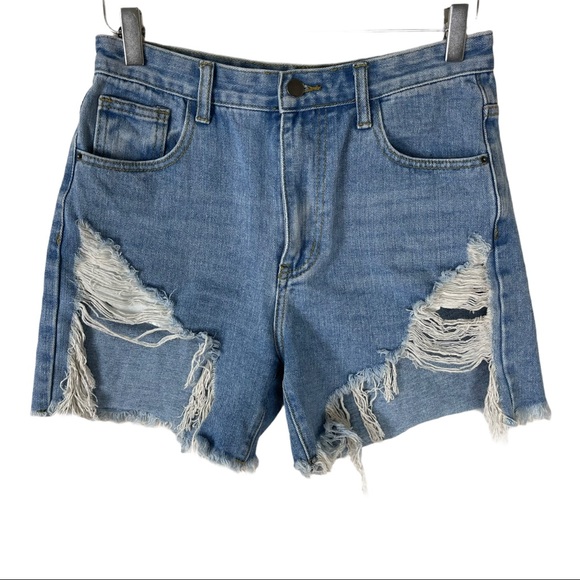 MOMOKROM HIGH RISE DISTRESSED DENIM SHORTS